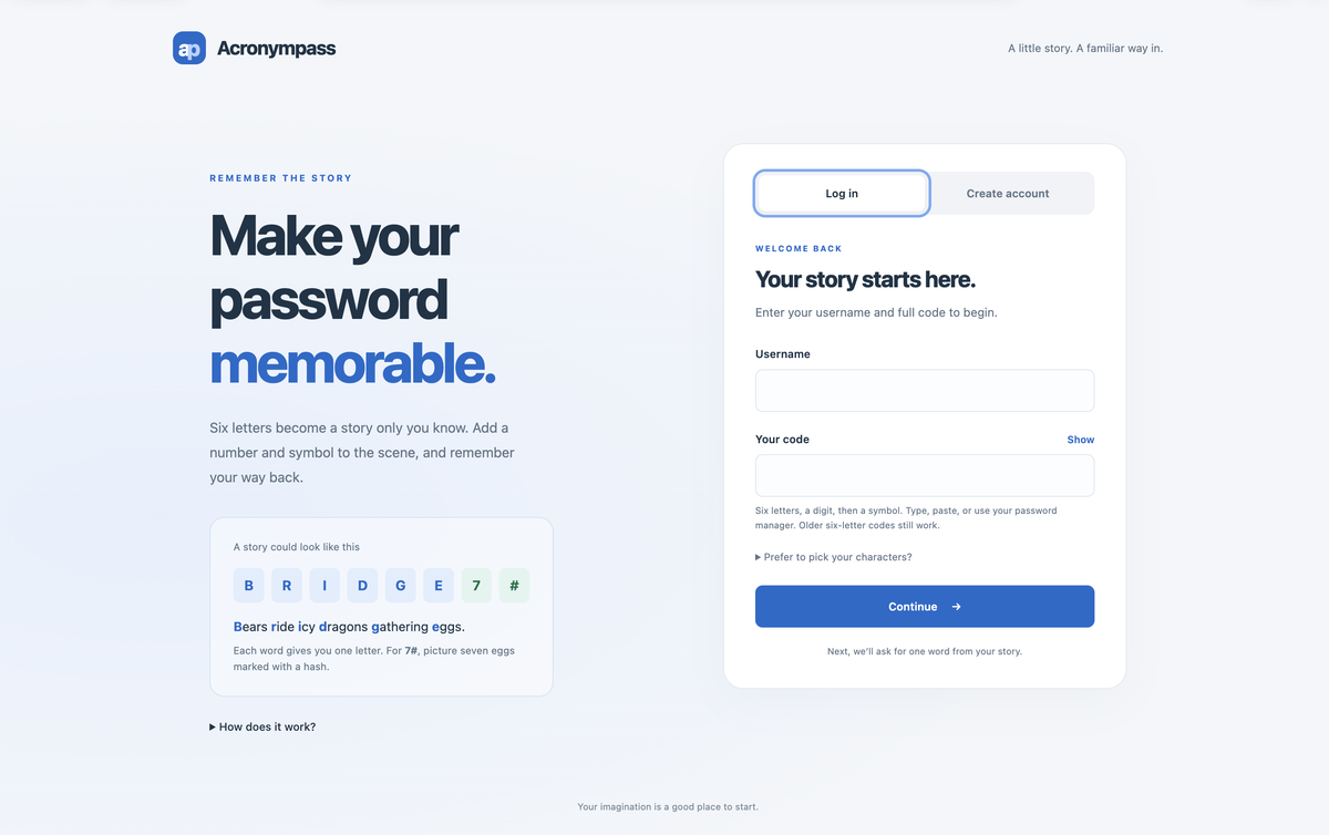 Acronympass login page explaining how six letters become a memorable personal story.